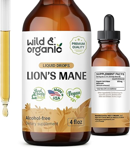 Lions Mane Liquid Extract - Organic Lions Mane Mushroom Supplement - Lion’s Mane Tincture - Vegan, Alcohol Free Drops - 4 fl oz