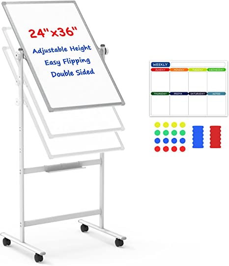 White Board with Stand Dry Erase - Rolling White Board on Stand with Wheels, Portable 24 X 36 Height Adjustable Mobile Whiteboard, Quick Flip Double Sided Dry Erase Board for Teaching & Presentation