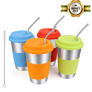 Rommeka Stainless Steel Cups with Straws Sippy Cup 16 oz with Silicone Case and Lid Made of Food Grade Quality, BPA Free, Cups Stainless Steel Used for Home, Office or Car (Pack of 4)