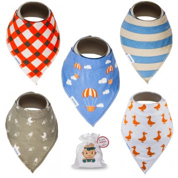 Tiny Captain Baby Bandana Drool Bibs (5 Pack) For Boys and Girls With Adjustable Snaps Super Absorbent Cotton Best Modern Shower Gift ~Perfect Teething, Feeding, and Drooling Bib Set