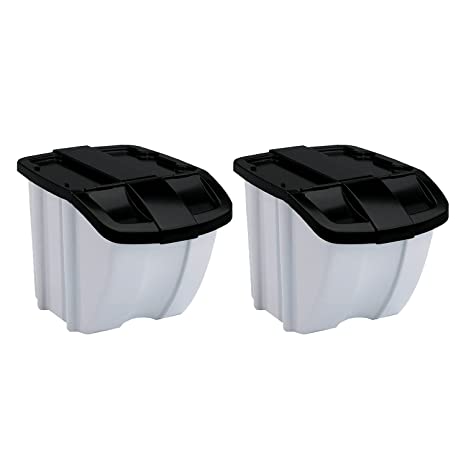 Suncast BH188810 18 Gallon Indoor or Outdoor Stacking Waterproof and Rustproof Durable Resin Recycle Storage Bin, Gray and Black, 2 Pack