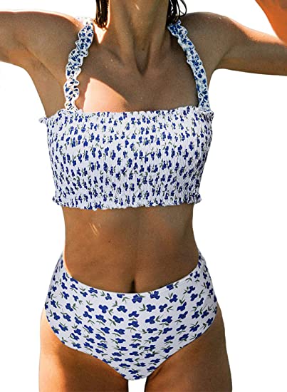 Dokotoo Women Cute High Waist Strapless Smocked Bikini Sets Swimsuit Bathing Suit