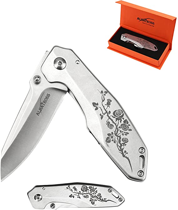 ALBATROSS 7In EDC Simple Practical Folding Knife Liner Lock Pocket Knife with 8Cr14MoV Steel Blade,Rose pattern Stainless steel Handle,Belt Clip and Orange Gift Box, Stainless Steel,Orange