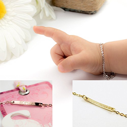 A Dainty Baby Name Bar Bracelet 16k Gold Silver Rose Gold -Plated Dainty Machine Engraving New Born to Children gift and First Birthday Baby shower Gift