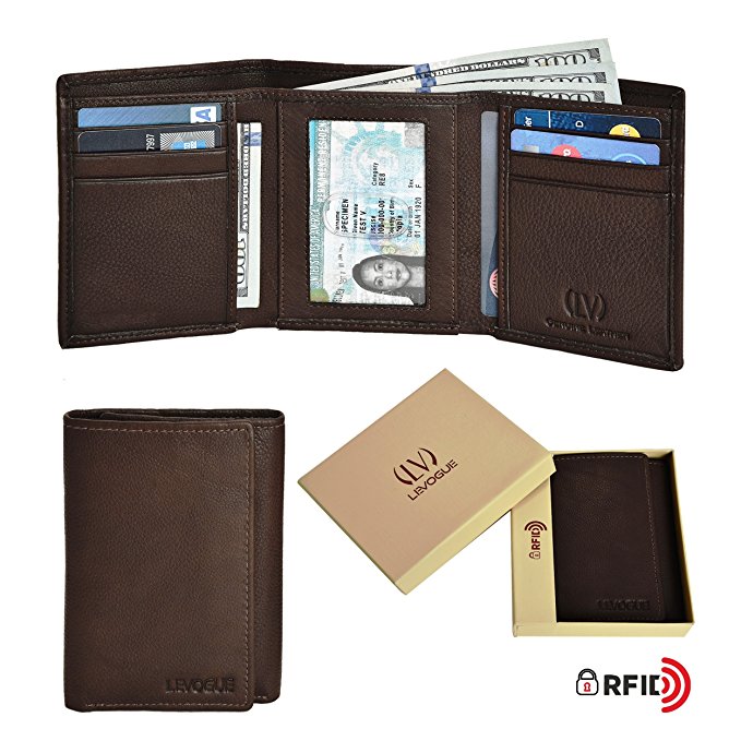 Genuine Leather Mens RFID Blocking Slim Trifold Wallet with 6 Cards 1 ID Window   2 Note Compartments.