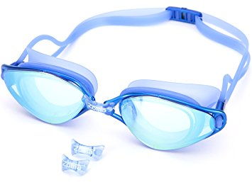 Swimming Goggles with Anti Fog and Adjustable Nose Piece - UV Protection Mirror Lenses for Kids, Junior, Men and Women