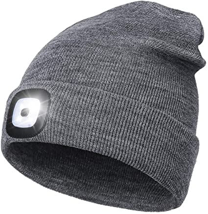 LED Beanie Hat with Light,Unisex USB Rechargeable Hands Free 4 LED Headlamp Cap Winter Knitted Night Lighted Hat Flashlight Women Men Gifts for Dad Him Husband (Grey)
