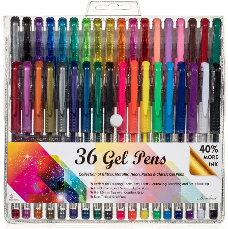 Koulora 36 Piece Gel Pen Set in Case with Comfort Grip for Adult Coloring Books & More | Glitter, Metallic, Neon, Pastel & Classic Colors | Non Toxic & Acid Free