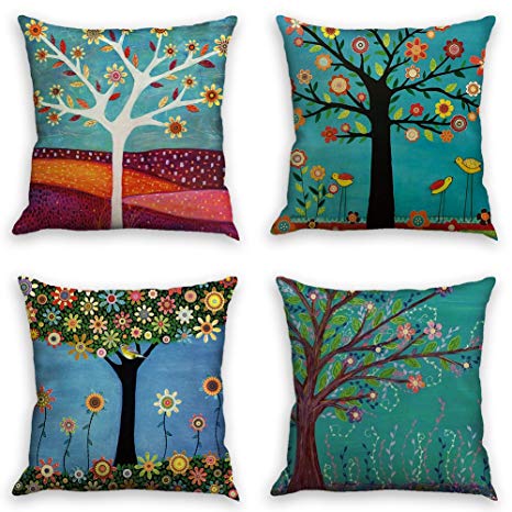 Throw Pillow Covers Natural Pattern Decorative Pillowcases 18x18inch (4 pieces set) Pillow Cases Home Car Decorative (Trees and birds)