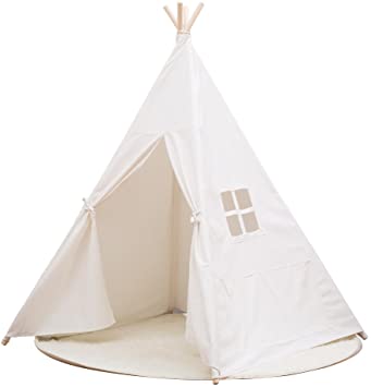 small boy Kids Teepee Play Tents Indian Playhouse with 4 Wooden Poles 145cm … (White)