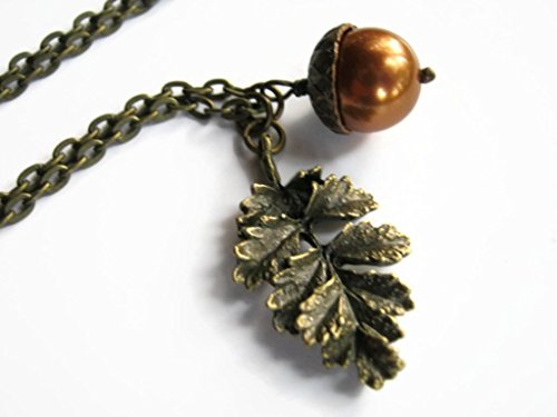 Personalized Acorn Necklace, Swarovski Pearl Necklace, Antiqued Bronze Jewelry, Leaf Branch Autumn Nature, CHOOSE Color, Handmade in the USA