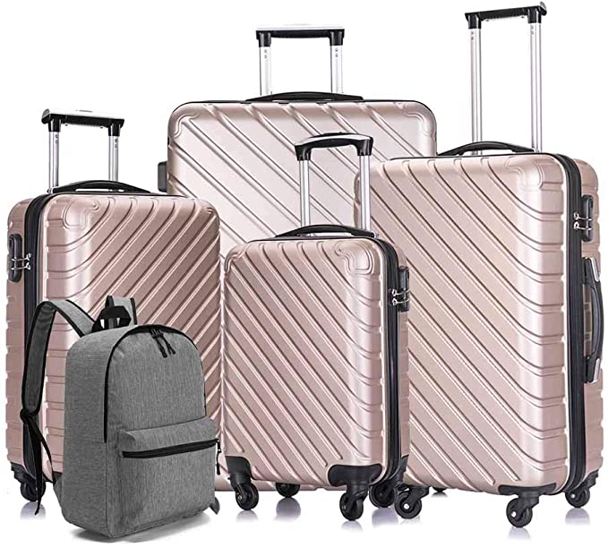 Apelila 4 Piece Luggage Sets,Travel Suitcase Spinner Hardshell Lightweight w/Free Suitcase Cover& Hanger (4PC Champagne Gold With Bag)