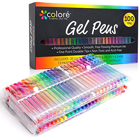 Colore Gel Pens Set of 100 Drawing Art Markers for Adult Coloring Books - Get RARE Colors in Premium Quality Pen Set