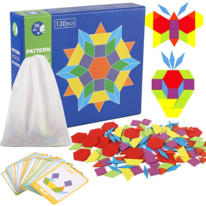 Joqutoys 130 Pieces Wooden Pattern Blocks with 24 Design Cards Counting Educational Toy for Kids (130 Pcs)