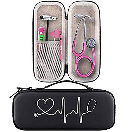 BOVKE Travel Carrying Case Compatible 3M Littmann Classic III Stethoscope - Extra Room for Taylor Percussion Reflex Hammer and Reusable LED Penlight, Black