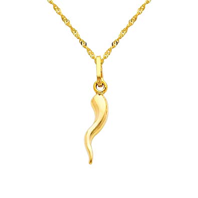 The World Jewelry Center 14k Yellow Gold Cornicello Italian Horn Pendant with 1.2mm Singapore Chain Necklace