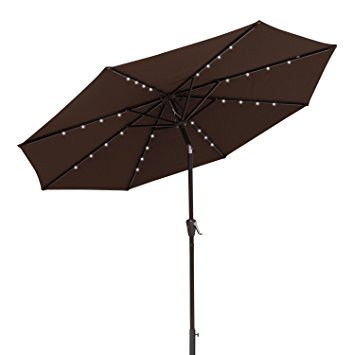 COBANA 9 Ft Deluxe Tilting Solar Powered 32 LED Lighted Aluminum Patio Table Umbrella, 100% Polyester, Coffee