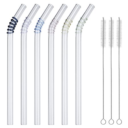 GINOVO 8" x 10mm Glass Drinking Straws , Sipping Springs Premium Clear Handmade,Reusable Bent Straws ,Set of 6 with 3 Cleaning Brushes