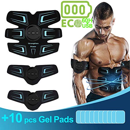 sakobs Abs Trainer EMS Muscle Stimulator ECO, Up to 60 Hours after a Charge, Abdominal Trainer with 10 Gel Pads, USB Rechargeable Muscle Toner for Abs, Arms & Legs