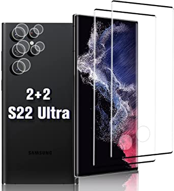 [2 2 Pack ] Galaxy S22 Ultra Screen Protector with Camera Lens Protector,9H Tempered Glass,Support Fingerprint Unlock,3D Curved, Anti Scratch, HD Bubble Free,for Samsung Galaxy S22 Ultra 5G (6.8")