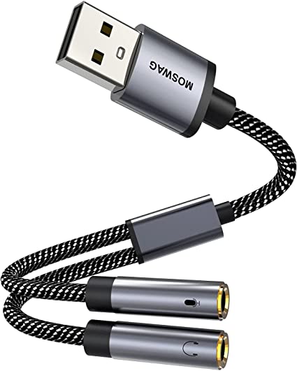 MOSWAG USB Audio Adapter 0.65Feet/20cm,External Stereo Sound Card with 3.5mm Headphone and Microphone Jack for Windows Mac Linux PC Laptops Desktops PS5 and More Device