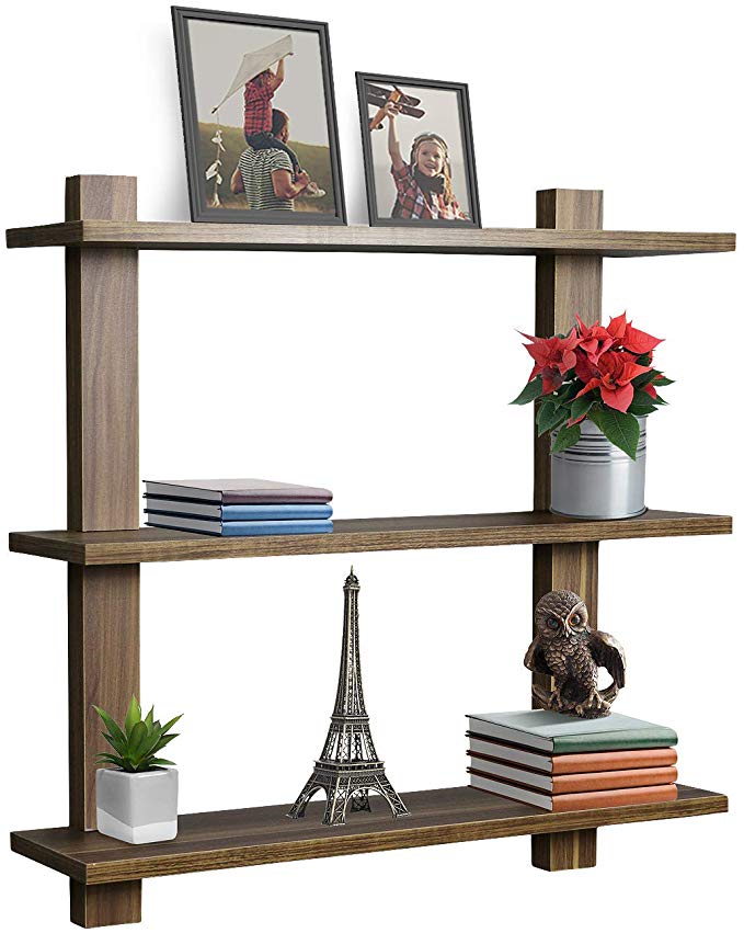 Sorbus Floating Shelf — Asymmetric Square Wall Shelf, Decorative Hanging Display for Trophy, Photo Frames, Collectibles, and Much More, Set of 3 (3-Tier – Walnut)