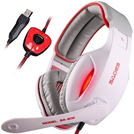 GW SADES SA902 7.1 Channel Virtual USB Surround Stereo Wired PC Gaming Headset Over Ear Headband Headphones with Microphone Revolution Volume Control Noise Reducing LED light(White)