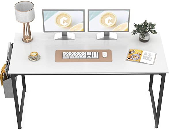 CubiCubi Computer Desk 55" Study Writing Table for Home Office, Modern Simple Style PC Desk, Black Metal Frame, White