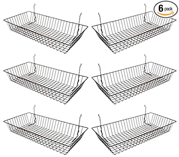 Black Wire Basket for Pegboard, Slatwall or Gridwall (Set of 6), Merchandiser Baskets, Perfect For Commercial or Retailer, Black Vinyl Coated Wire Basket, 24” L x 12” D x 4” H, Shallow Baskets