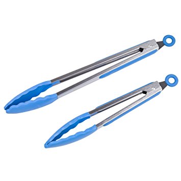 FindNew Kitchen Silicone Tongs Stainless Steel Utility Tong with Rubber Tips and Locking Clip Heat Resistant Multipurpose Outdoor Barbecue Food Clips 9”and 12” Set of 2 (Light Blue)