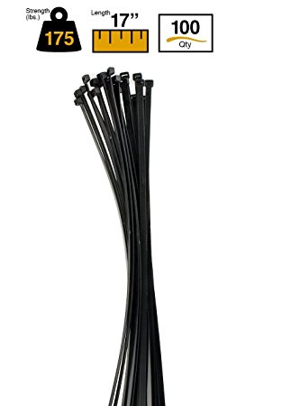 BuyCableTies 17" Heavy Duty Indoor/Outdoor Cable Ties - 175 lb Rated - Black - UV Resistant - 100 per bag
