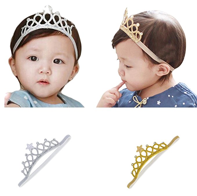 Gellwhu 2pcs Baby Girl Crown Headband Head Wrap Hair Band Headwear Gold Silver