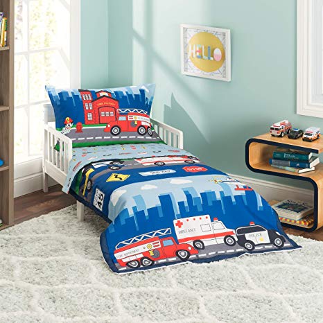 EVERYDAY KIDS 4 Piece Toddler Bedding Set -Fire and Police Rescue- Includes Comforter, Flat Sheet, Fitted Sheet and Reversible Pillowcase