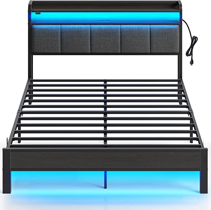 Rolanstar Bed Frame Queen Size with Charging Station and LED Lights, Upholstered Headboard with Storage Shelves, Heavy Duty Metal Slats, No Box Spring Needed, Noise Free, Easy Assembly, Dark Grey