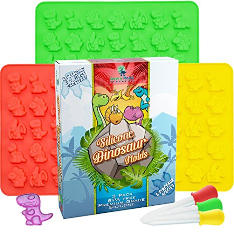 Dinosaur Gummy Bear Mold Silicone 3 Pack ~ BONUS 3 Droppers   Recipe PDF - non - BPA Large Gummie Candy Chocolate Molds – Bigger Gummies – Ice Cube Dinosaurs ~ Gelatin Trays Set