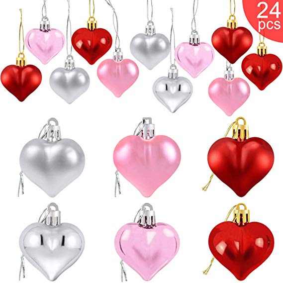 Partyprops 24Pcs Valentine's Day Heart Shaped Ornaments | Valentines Heart Decorations | Red Pink Silver Heart Shaped Baubles | Romantic Valentine's Day Hanging Decorations