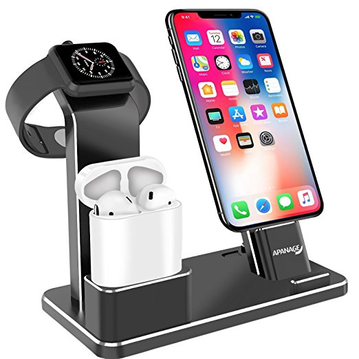 APANAGE Life Dock - Apple Watch Stand Aluminum Charging Docks Holder 4 in 1 iPhone Charger Station for Apple Watch Series 3/2/1/ AirPods/ iPhone X/8/8Plus/7/7Plus /6S /6S Plus/ iPad Mini (Black)