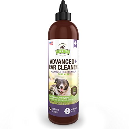 Strawfield Pets Cat Dog Ear Cleaner, Cleaning Solution w/ Aloe - 8 Ounce - Ear Wash, Wax Remover, Mites Treatment, Yeast Infections, Odor, Itching, Antibacterial, Antifungal Otic Cleanser - Apple Kiwi