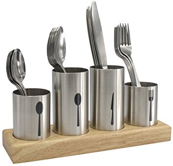 Sorbus Silverware Holder with Caddy for Spoons, Knives Forks, etc — Ideal for Kitchen, Dining, Entertaining, Buffet, Picnic, and more — Stainless Steel with Bamboo Wood Base