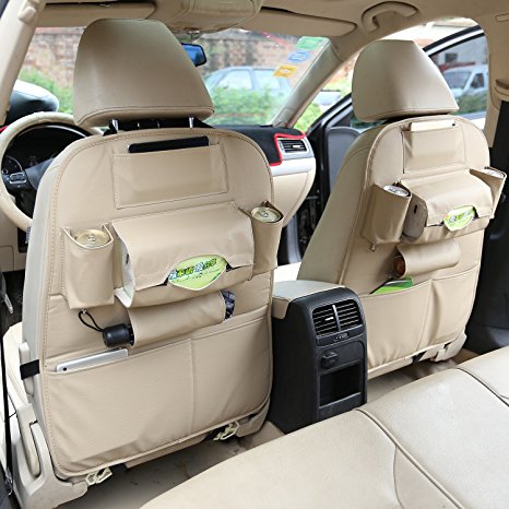 ChiTronic Car Backseat Organizer with Kick Mat - PU Leather Auto Back Seat Pocket Storage (1 Pack, Beige)