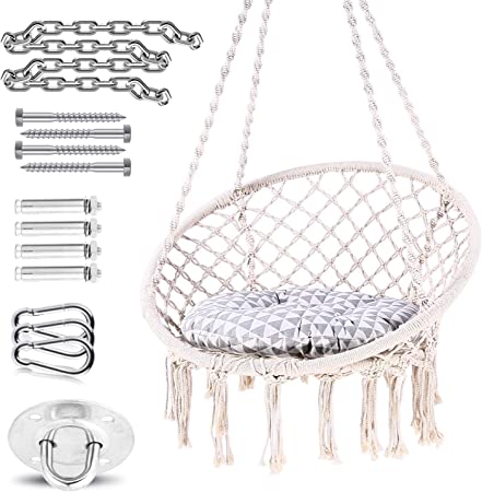 Ohuhu Swing Chair Hanging Chair with Soft Cushion & Durable Hanging Hardware Kit, Macrame Hammock Chair Swing Chair, 100% Cotton Rope Macrame Swing Chairs for Indoor, Outdoor, Yard, Garden