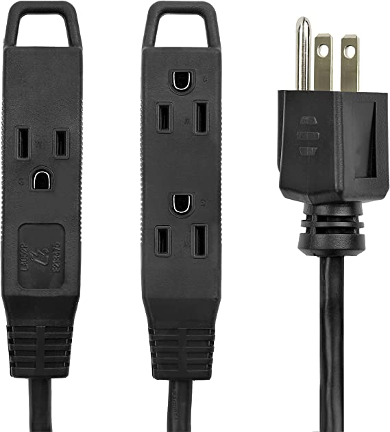 BindMaster 3 Feet Extension Cord/Wire, 3 Prong Grounded, 3 outlets, Heavy Duty, Black