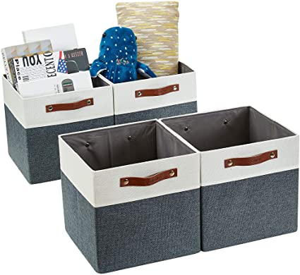 DECOMOMO Foldable Storage Bin [4-Pack] Collapsible Sturdy Cationic Fabric Storage Basket Cube W/Handles for Organizing Shelf Nursery (Slate Grey & White, 11 x 11 x 11)