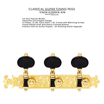 DJ200GK-A2B TENOR Classical Guitar Tuners Professional Tuning Key Pegs/Machine Heads for Classical or Flamenco Guitar with Gold and Black Finish and Ebony Colored Buttons.