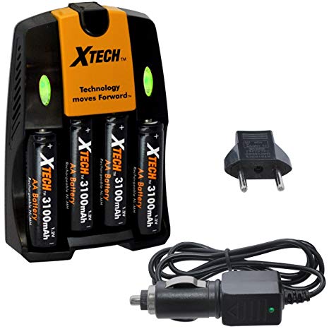 Xtech 4 AA Ultra High Capacity 3100mah Rechargeable Batteries with AC/DC Travel Turbo Quick Charger for Canon Speedlite 270EX, 270EX II, 320EX, 430EX, 430EX II, 580EX, 580EX II, & 600EX-RT Flashes, Speedlite Transmitter ST-E3-RT, Macro Ring Lite MR-14EX, MR-14EXII & Macro Twin Lite MT-24EX
