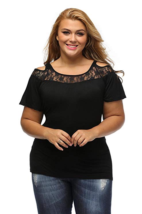 LittleLlittleSky Womens Black Floral Lace Yoke Cold Shoulder Pleated Plus Size Blouse Top ((US 14-16)XL)