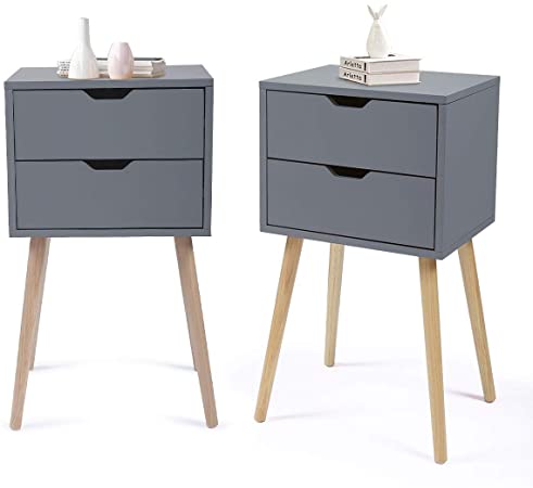 JAXSUNNY Set of 2 Nightstand Accent Bedside End Table Side Table Storage Wood Cabinet Bedroom w/2 Drawers,Gray
