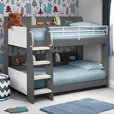 Happy Beds Domino Grey Wooden and Metal Kids Bunk Bed with Storage Shelves with 2x Memory Foam Mattress 3' Single 90 x 190 cm