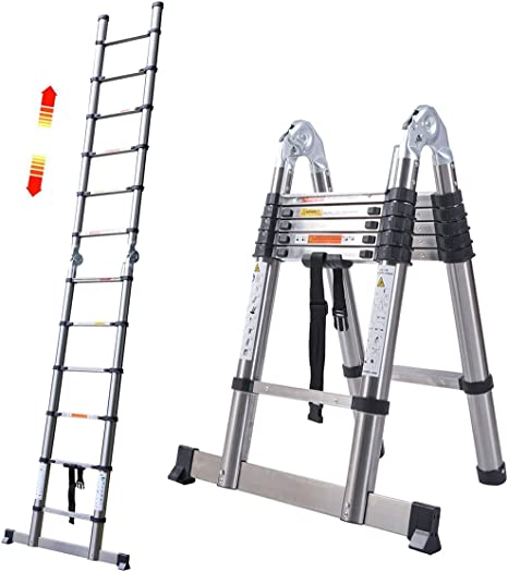 Telescopic Ladder 3.8M Attic Ladders Stainless Steel Folding Ladder with stabiliser Bar Load 330LBS, Muilti-Purpose Foldable & Extendable Ladder with EN 131 Certification