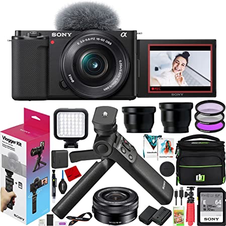 Sony ZV-E10 Mirrorless Camera Vlogger Kit with 16-50mm F3.5-5.6 Lens ILCZV-E10L/B Black Bundle with ACCVC1 Including GP-VPT2BT Grip   Filters   Wide & Telephoto Lenses   Deco Gear Case & Accessories